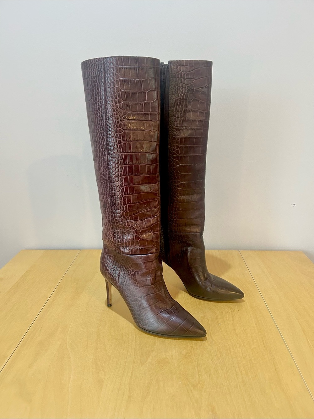 Paris Texas Mock Croc Stilletto Pointed-Toe Knee Boots, Sz EU 39, US 9